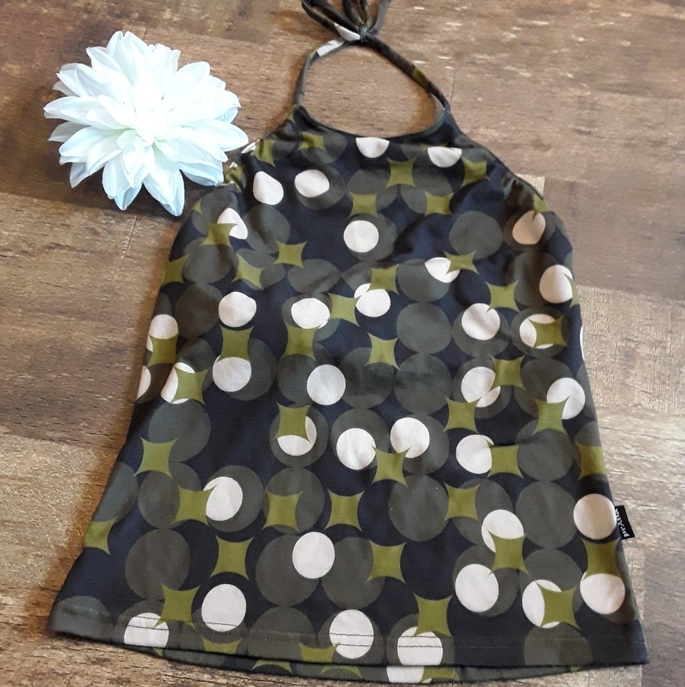 Prana Camo Crop Top Women M Green Brown Babydoll Stretch Cotton Blend
